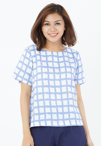  Áo kiểu NT Fashion trắng caro xanh dương 