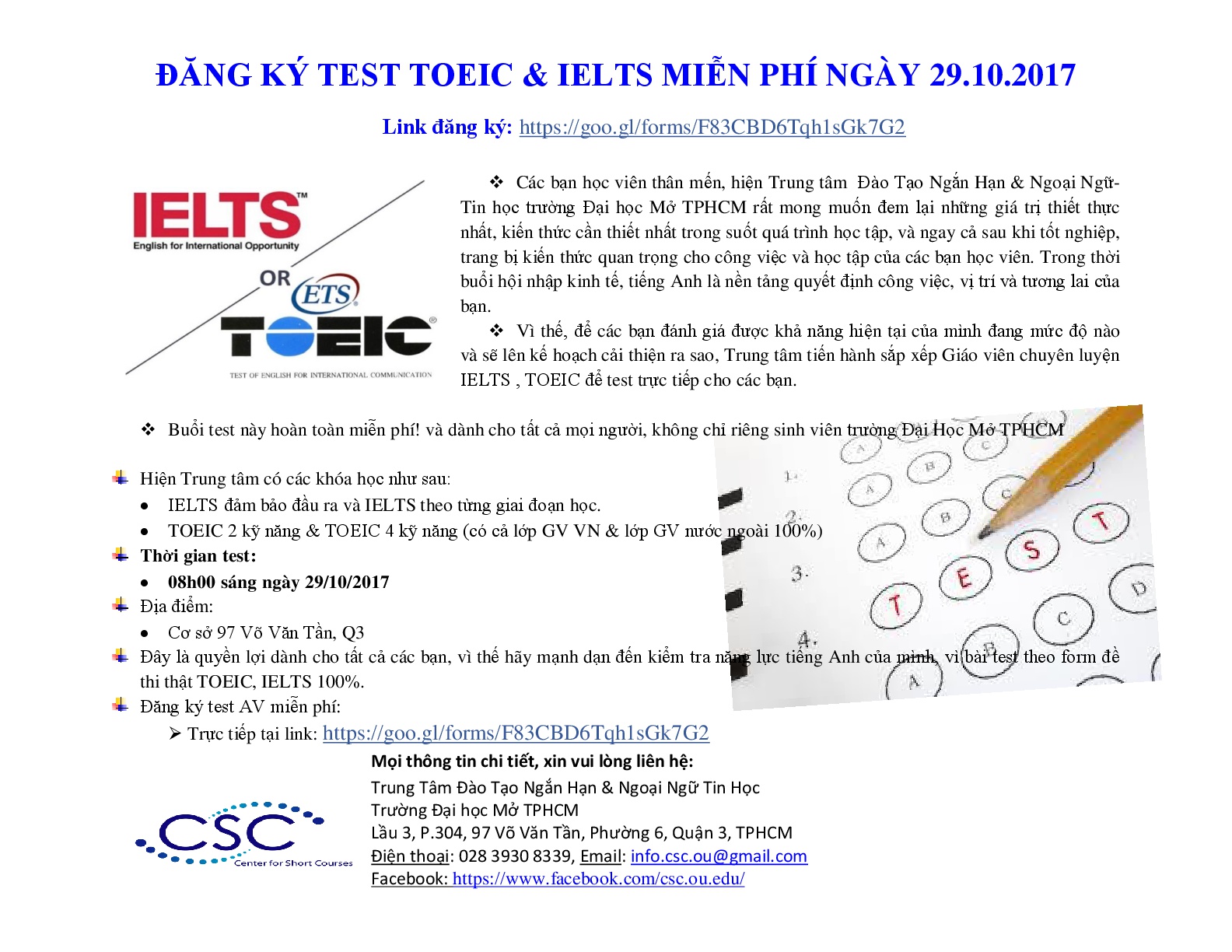 Đăng ký Test TOEIC IETLS miễn phí ngày 29-10-2017